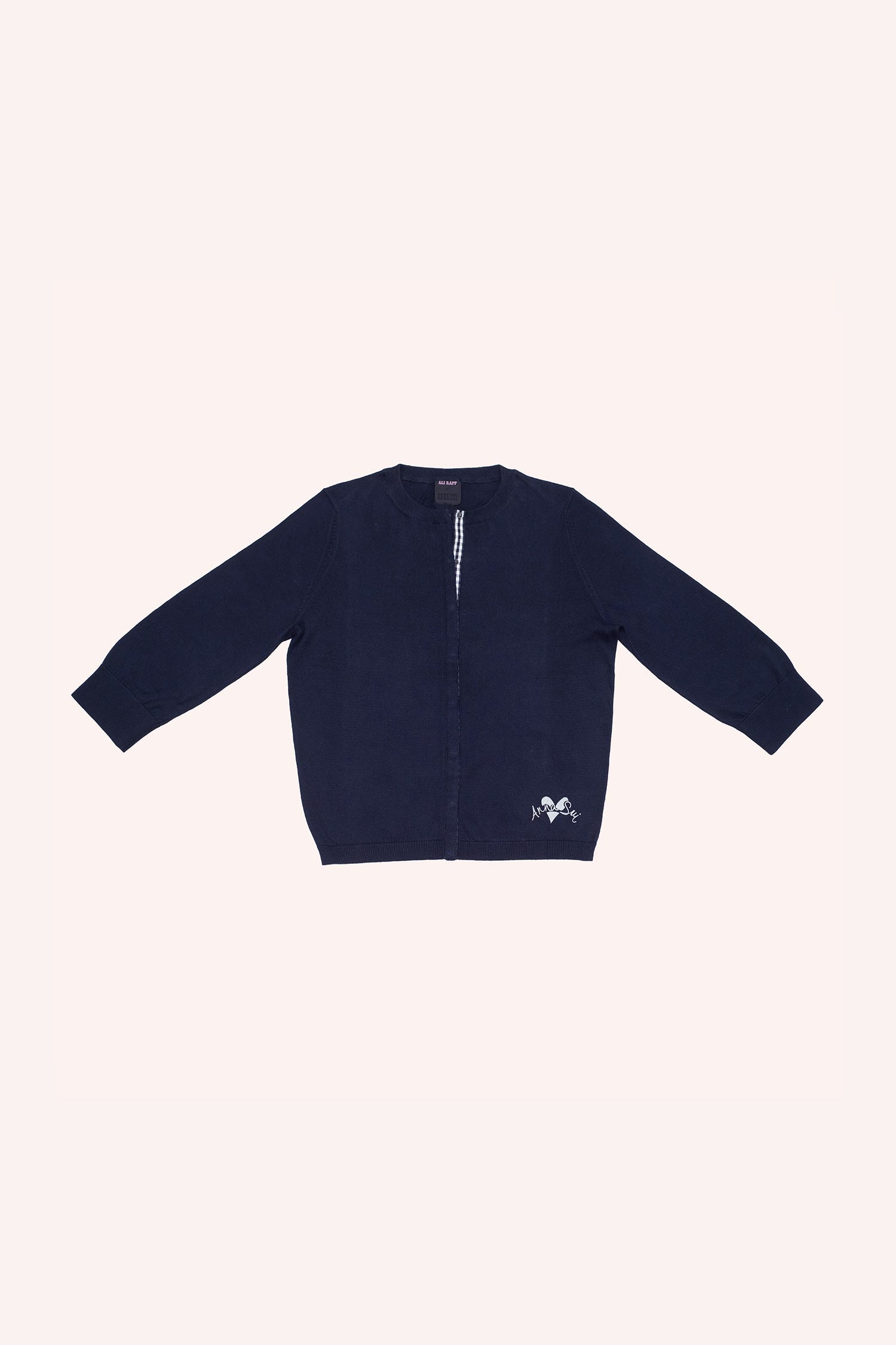 Knit Cardigan Navy, Three-quarter sleeve length, Mini white Anna Sui over a hart, at bottom corner of the front, zipper