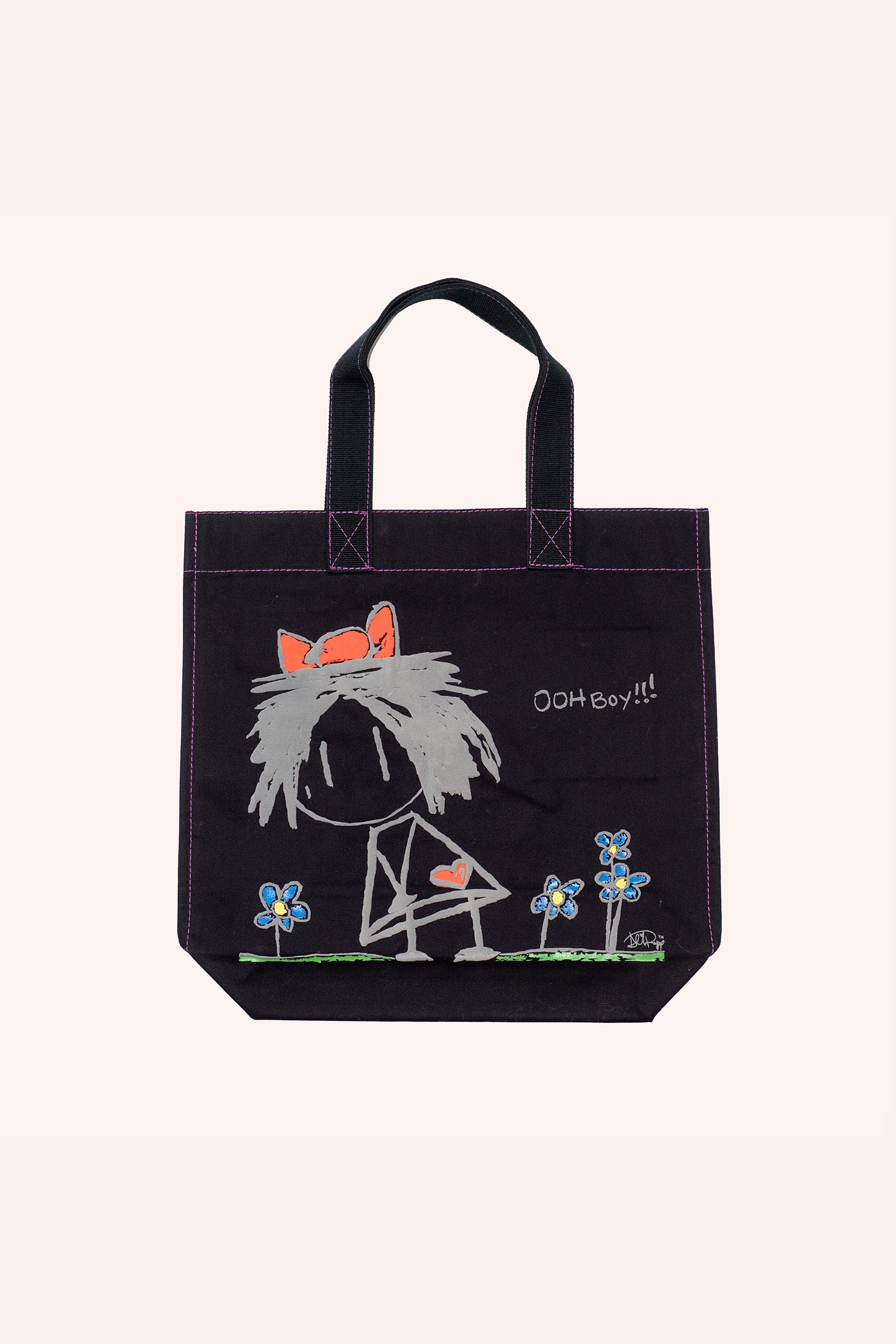 Tote bag, black squared shape, Ali Rapp artwork Happy girl with a red ribbon in hair and blue flowers, Ooh Boy!!! quote