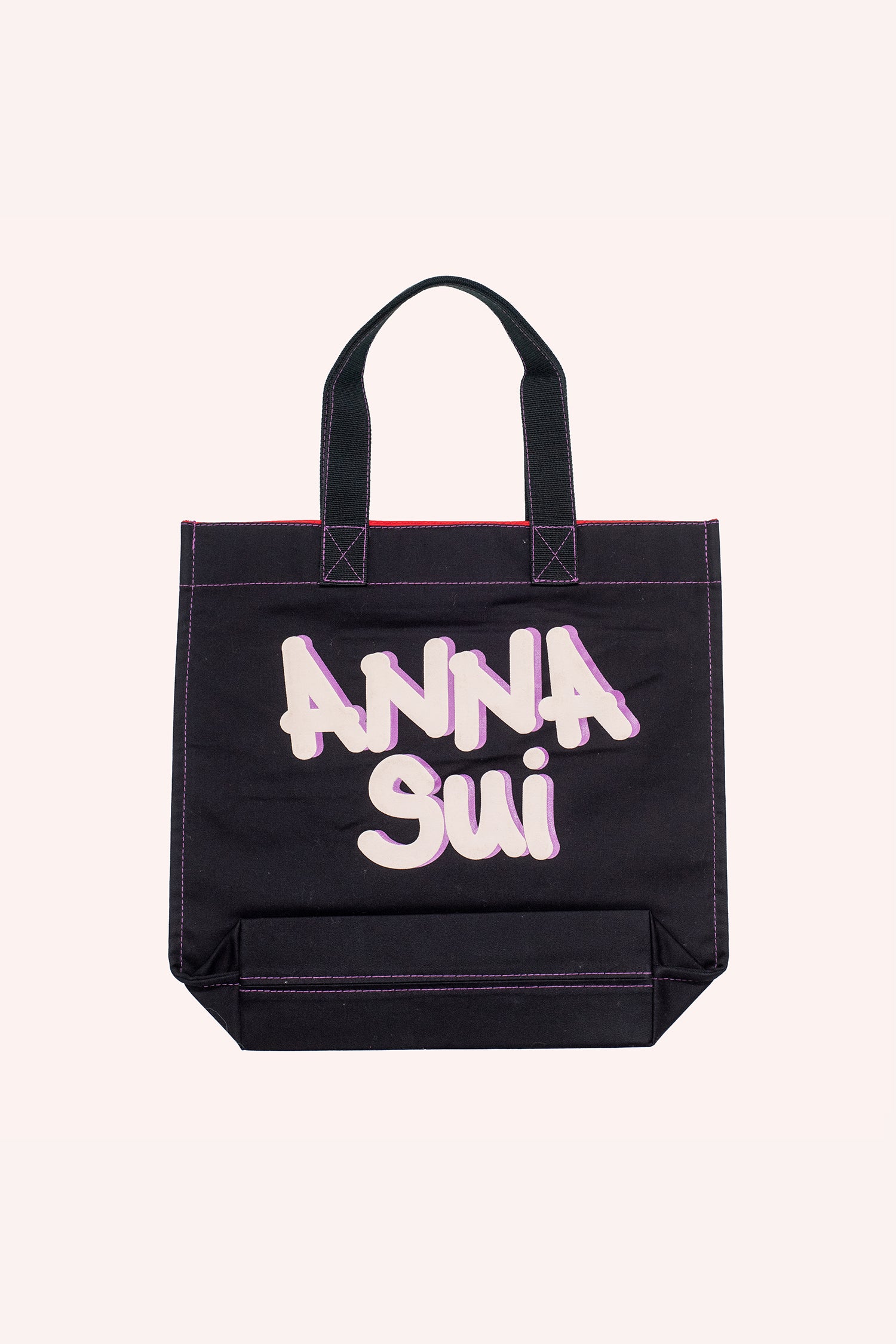 Tote bag, forma quadrata nera, marchio Anna Sui sull'altro lato in caratteri grandi