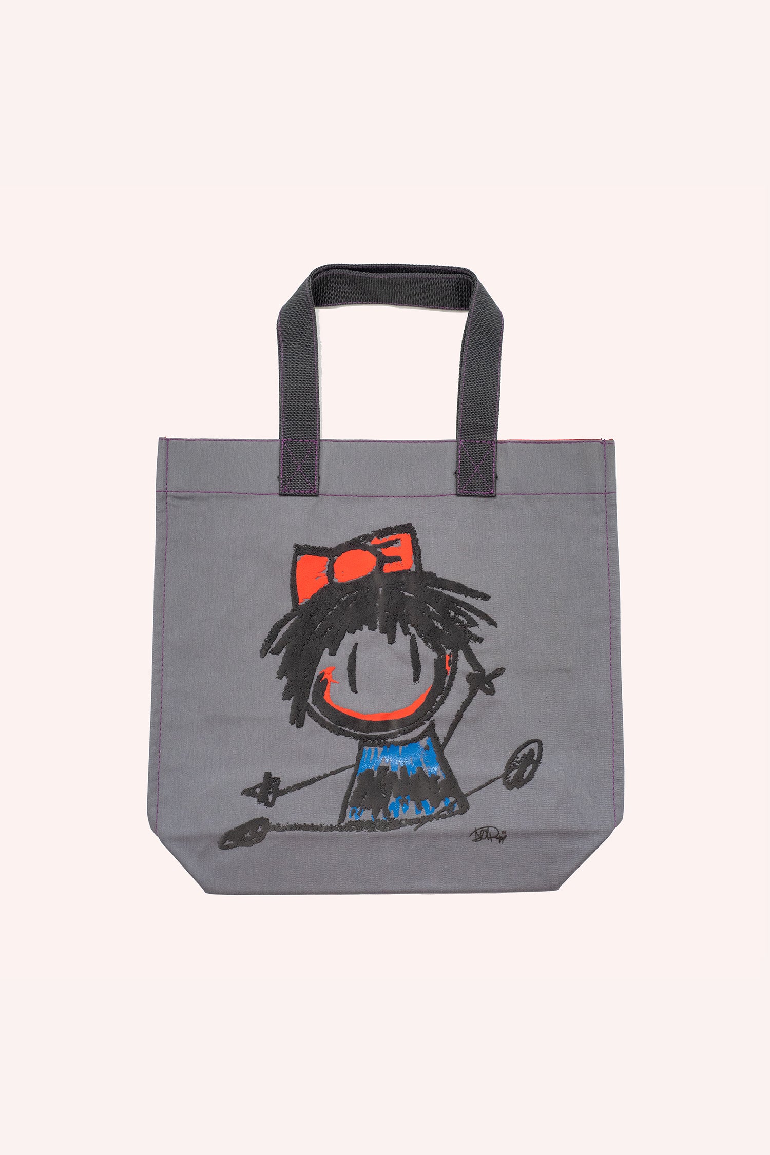 Tote bag, square grey, handles, red stiches lines, Ali Rapp artwork Happy girl with a red ribbon