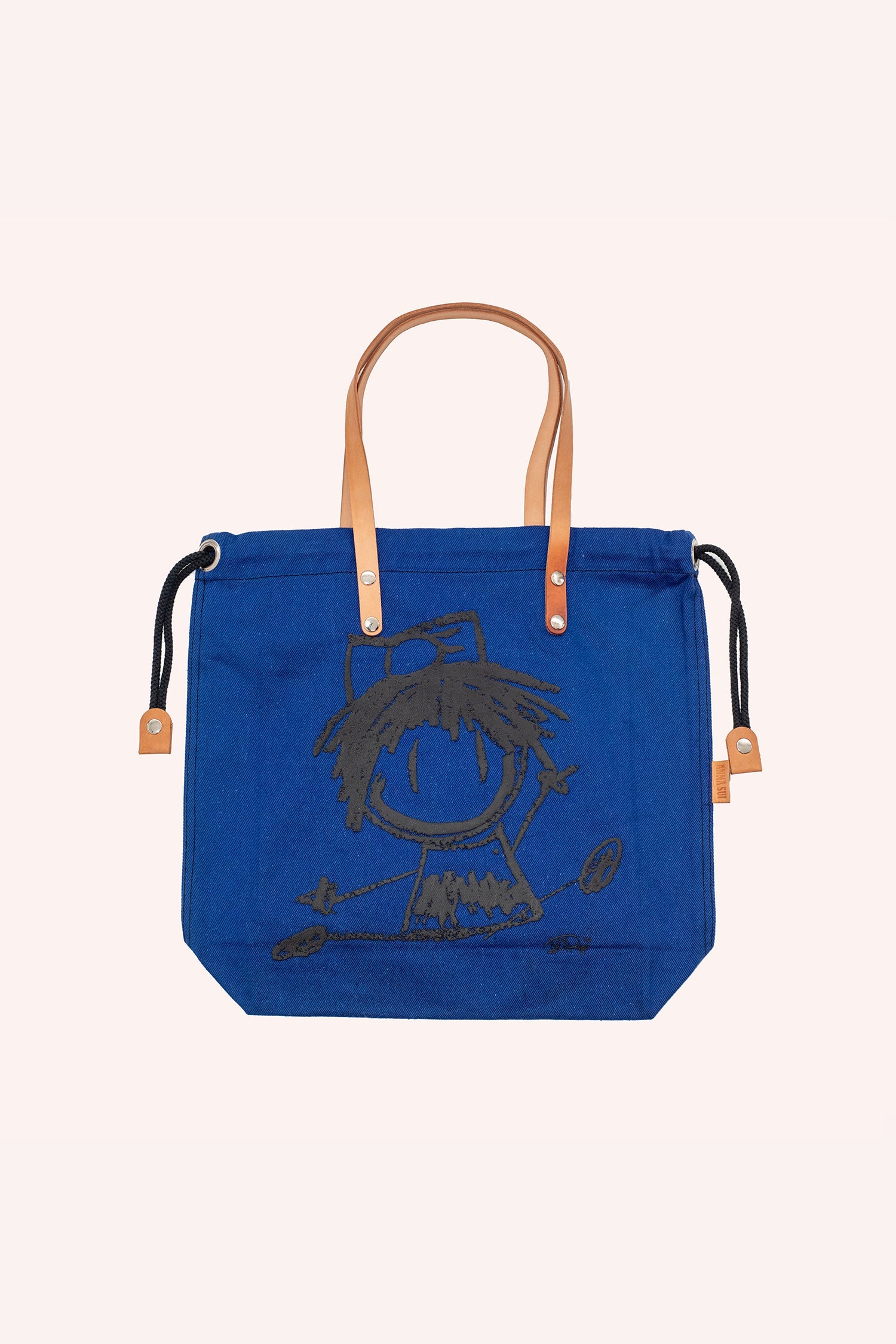 Tote bag, navy blue squared shape, brown handles, black laces to closed, Ali Rapp artwork a grey Happy girl 