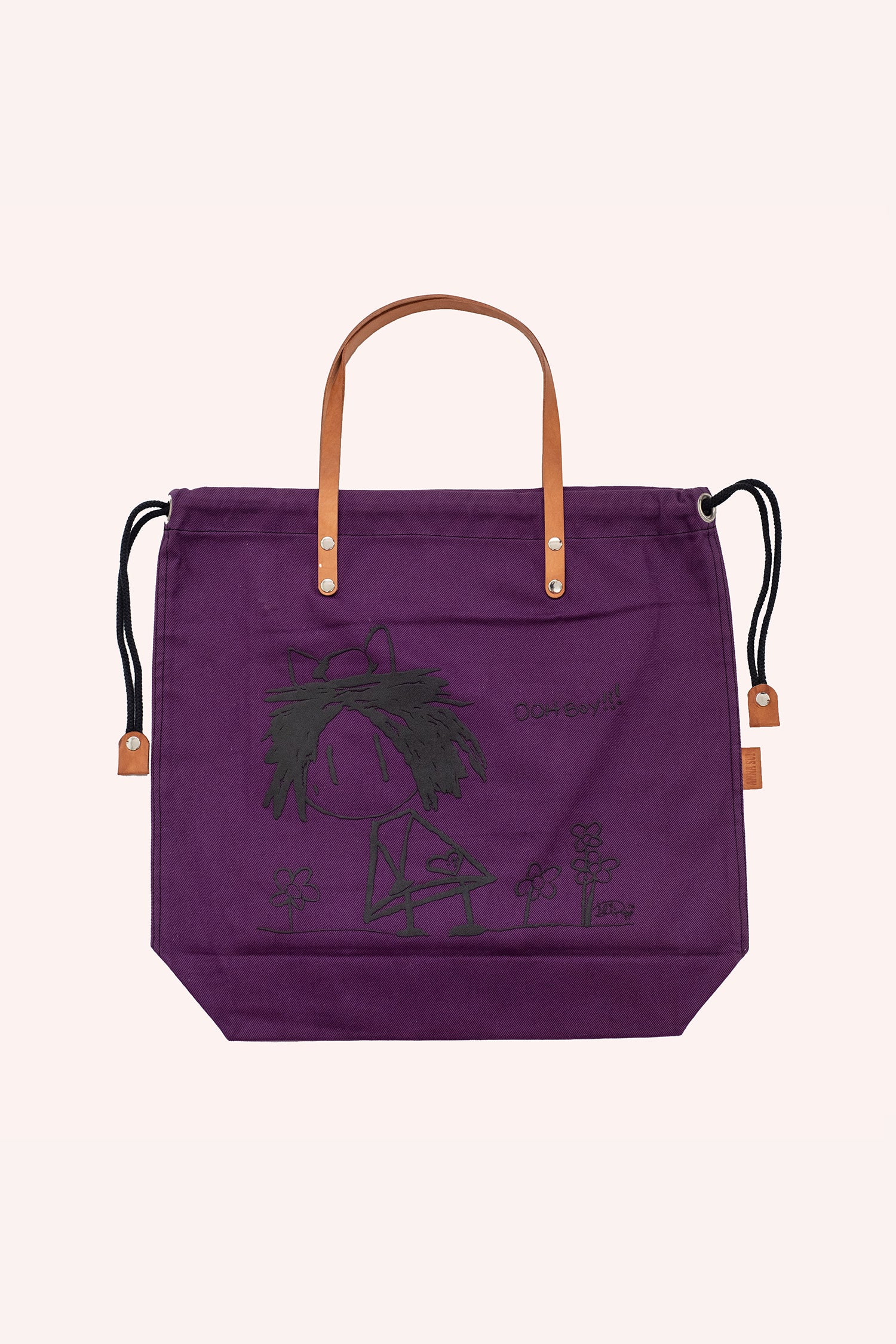 Tote bag, purple blue squared shape, brown handles, black laces to closed, Ali Rapp artwork a grey Happy girl 
