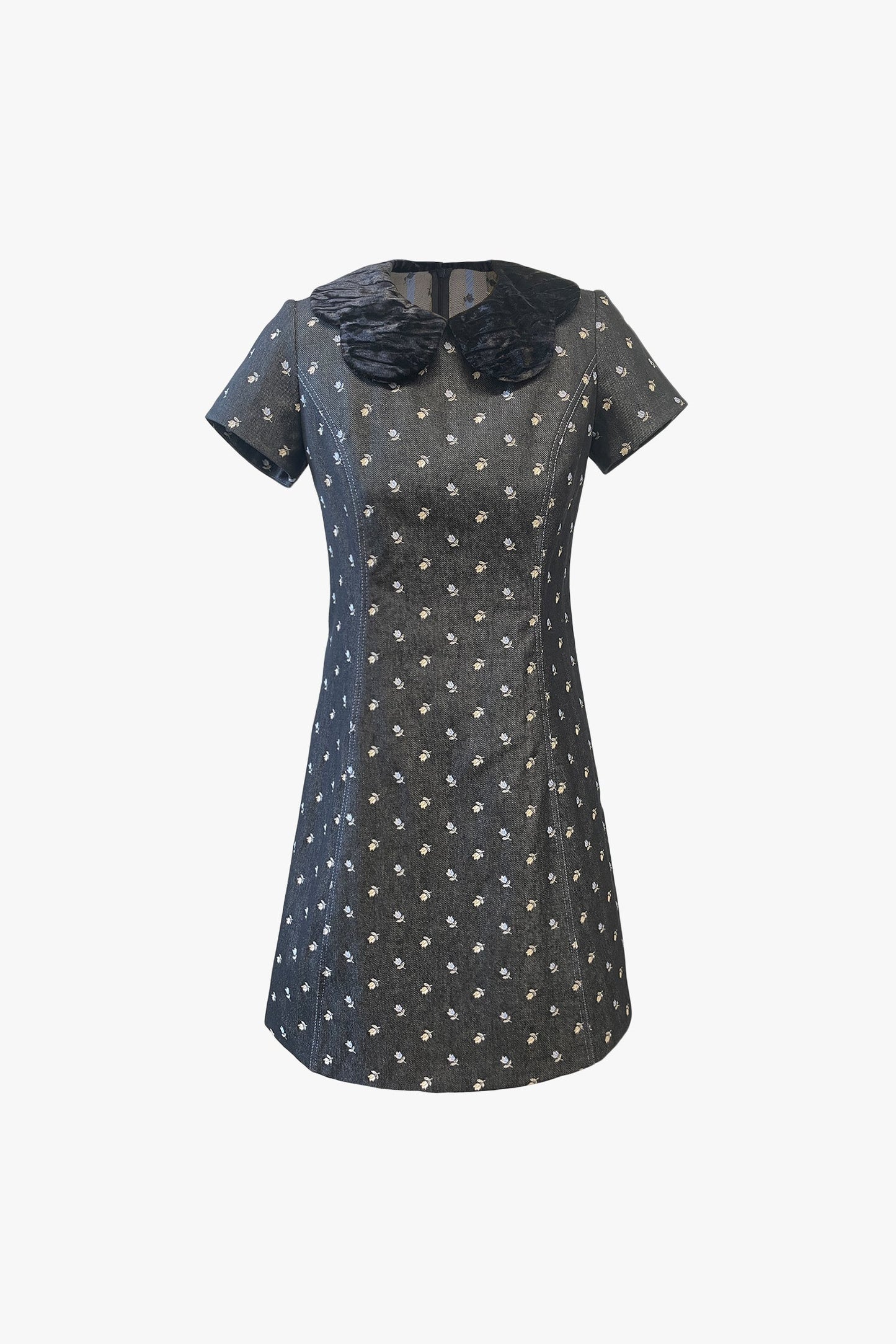 Denim Embroidered Roses Collared Dress