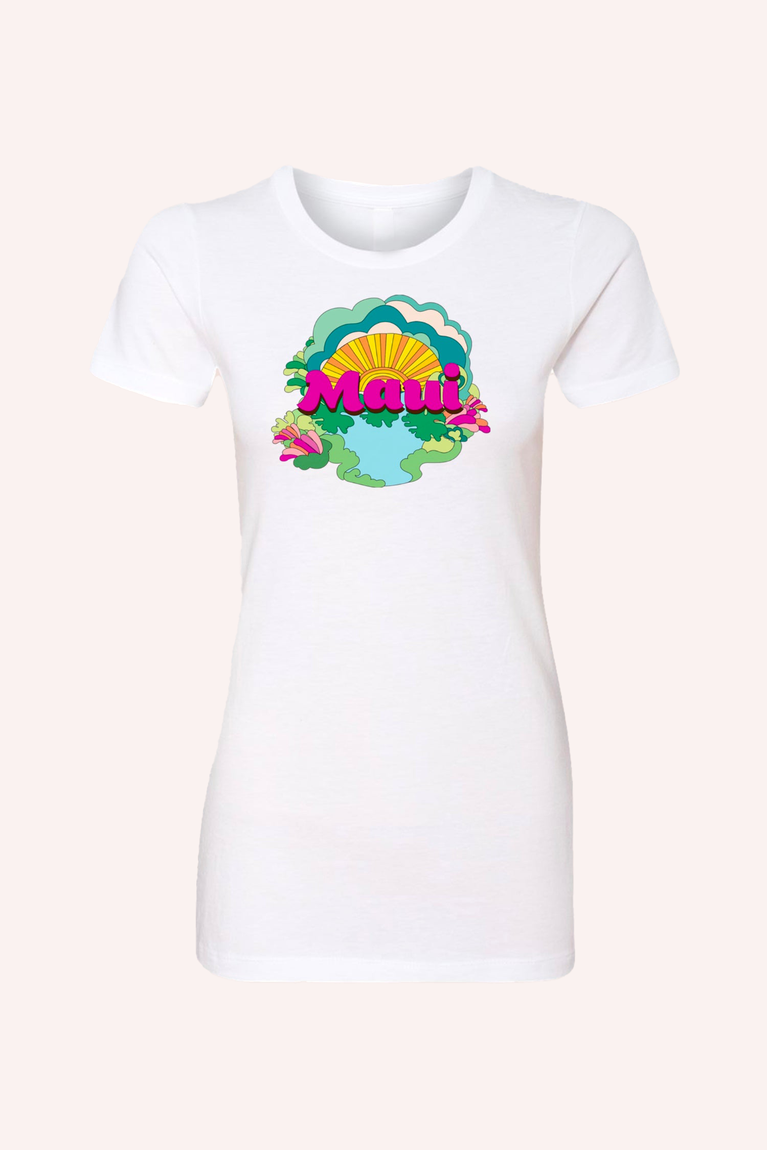 Fitted Maui Tee, white, short sleeves, round collar, print on the bust with MAUI and a Hawaiian design