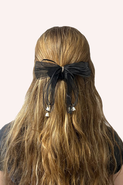 Black Mesh Bow Flower Embellished Scrunchie