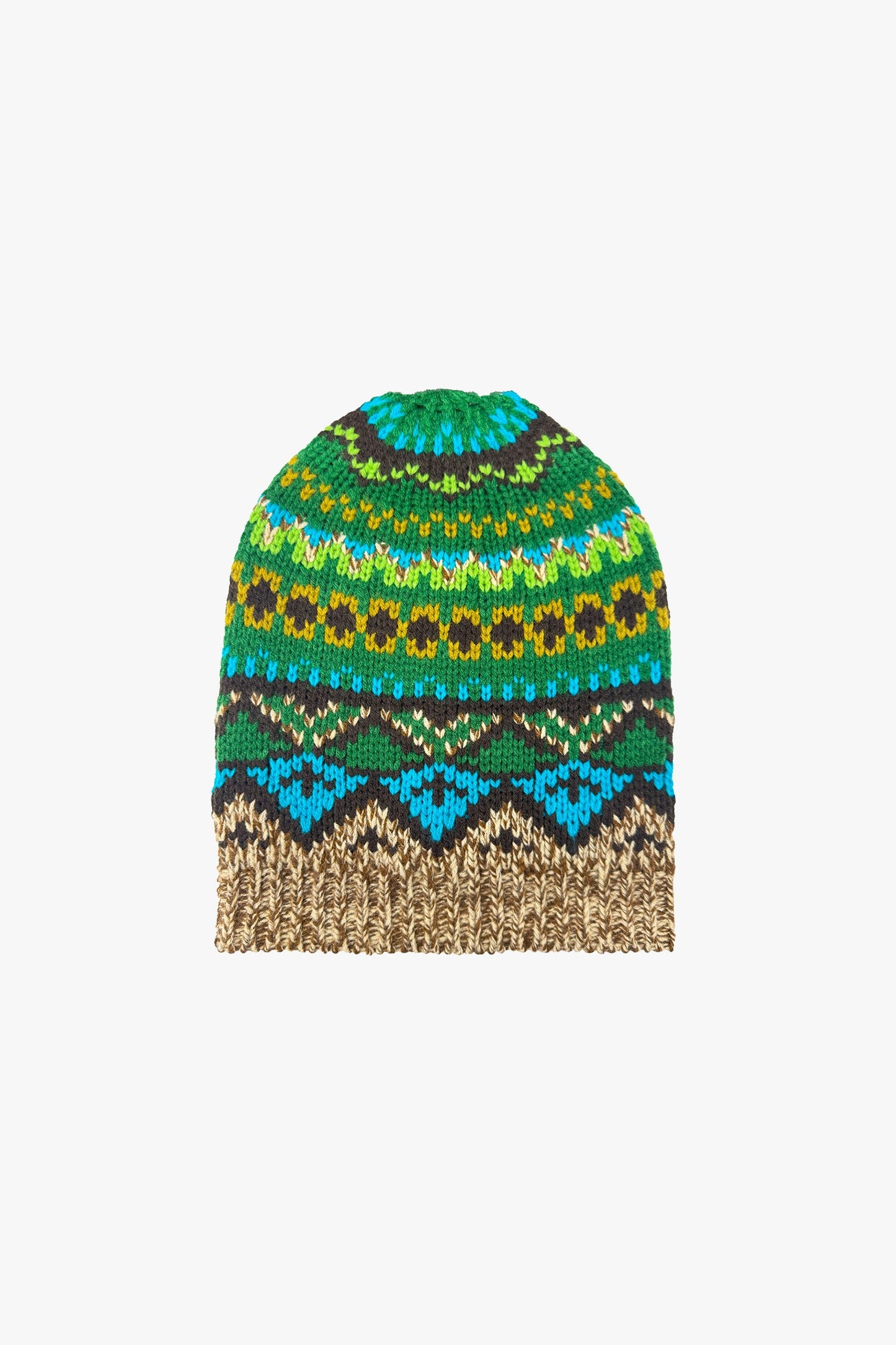 Colorful knitted Fair Isle Sweater – teal with geometric pattern hue of green and blue triangles.