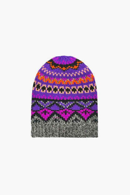 Colorful knitted Fair Isle Sweater magenta, geometric pattern hue of magenta and magenta triangles.