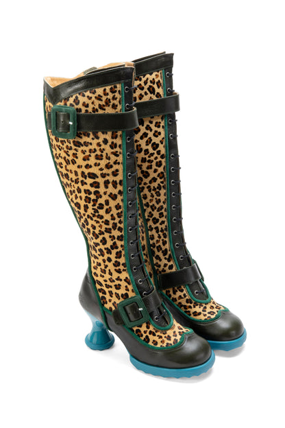 Leopard print boots with green and blue accent, buckle on front and side.