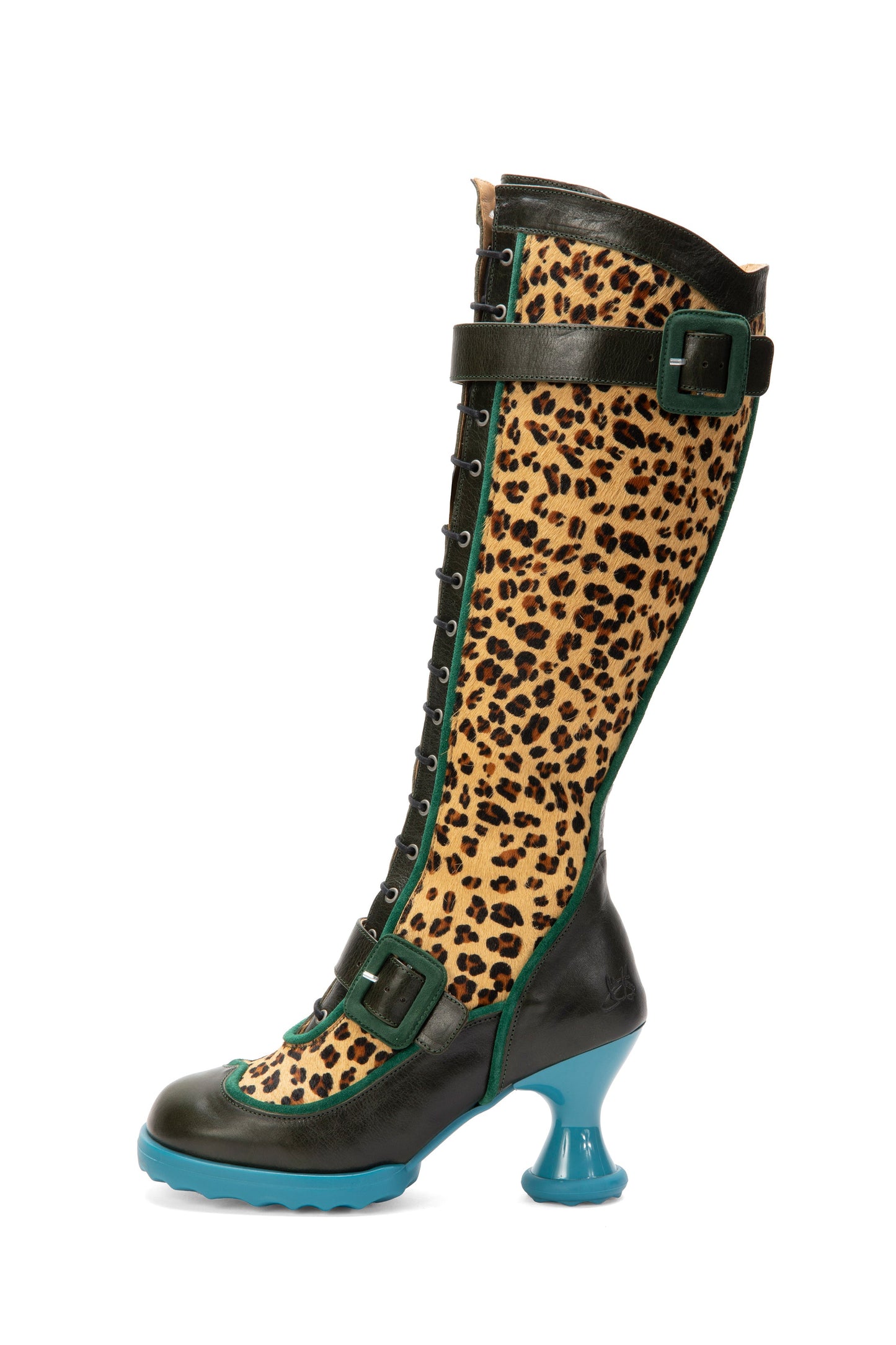Knee-high boot with leopard print and green and blue accent, high heel in blue.