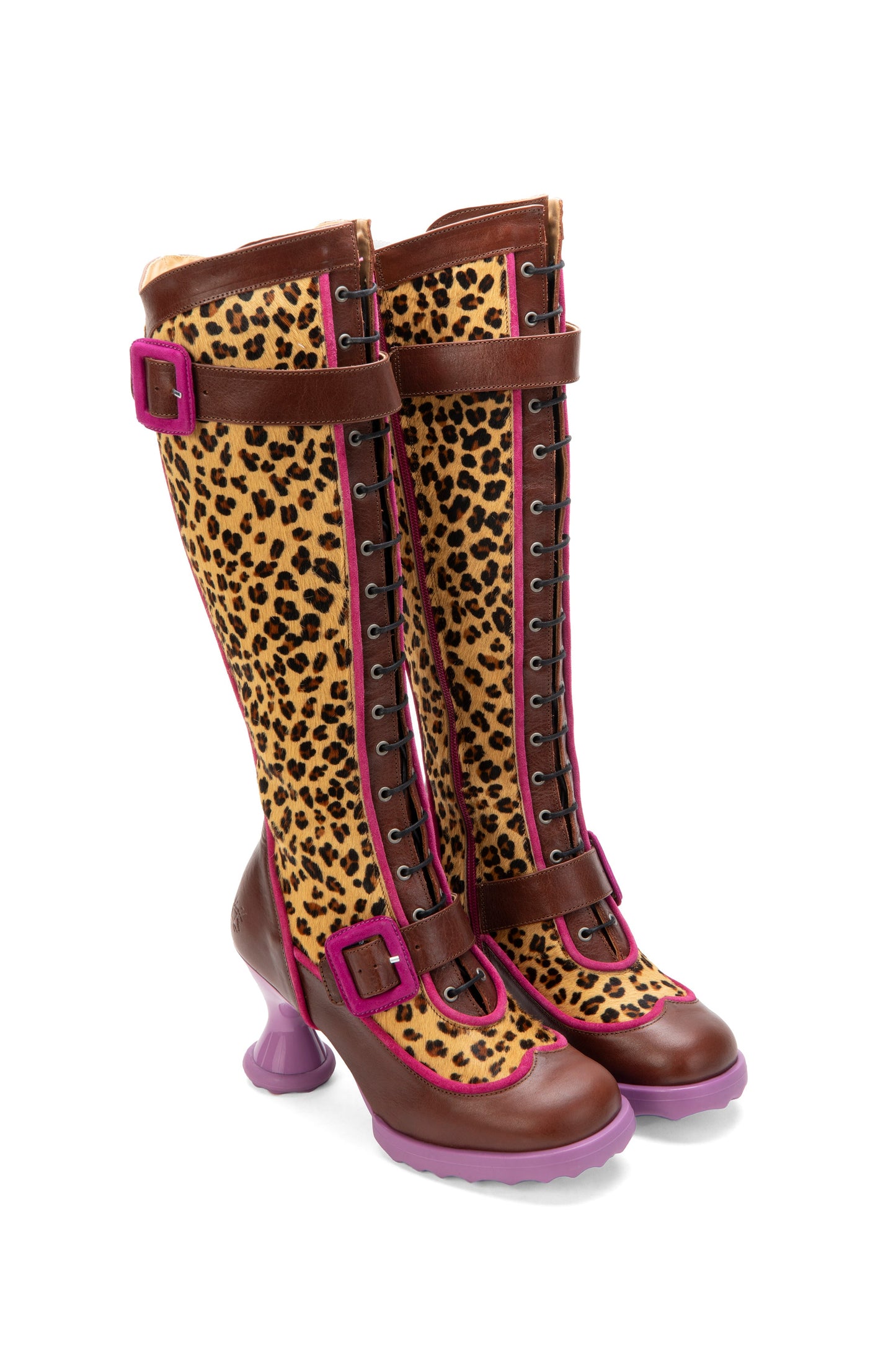 Leopard print boots with brown and purple accent, buckle on front and side.