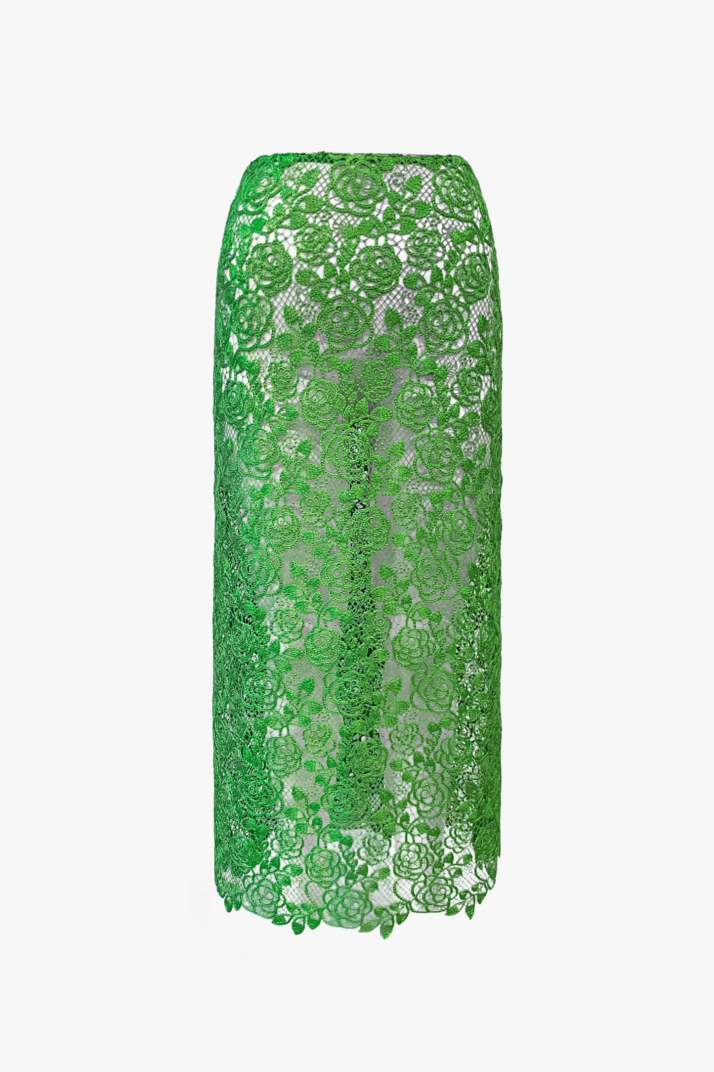 Rose Crochet Green Lace Skirt, the crafted from delicate rose-patterned lace adds romantic texture.