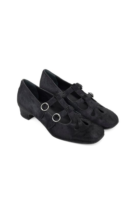 John Fluevog x Anna Sui Calf Hair Mary Janes- Black