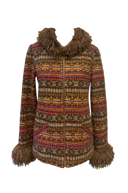 Fair Isle Fleece Faux Curly Lamb Trimmed Hooded Jacket