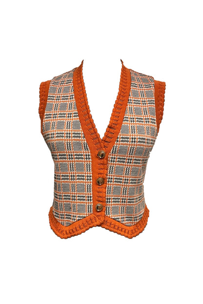 Londonderry Knit, sleeveless Vest, orange hems V-collar, triangular shaped on front, 3-buttons. 