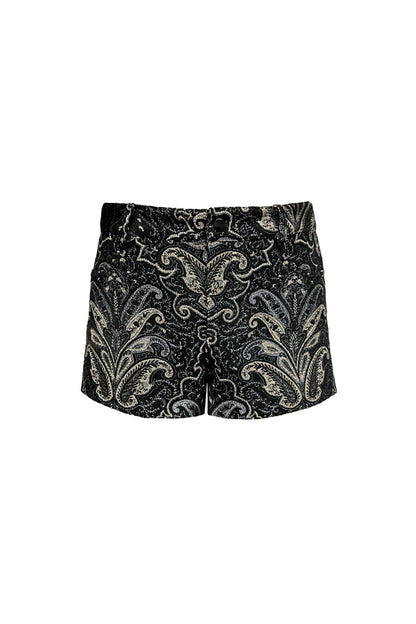 Tapestry Shorts, Black & Gray floral design, mini, black button to close at waistline