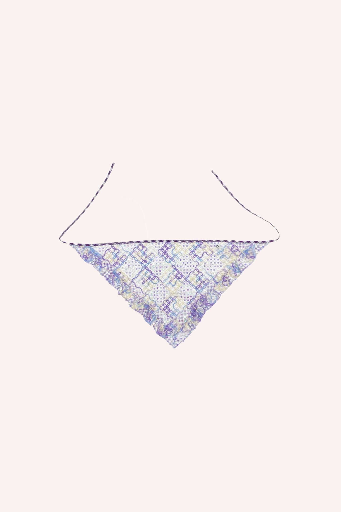 Gingham Headscarf hue of Orchid, in triangle shape, 2-straps to tied