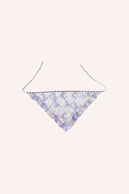 Gingham Headscarf hue of Orchid, in triangle shape, 2-straps to tied