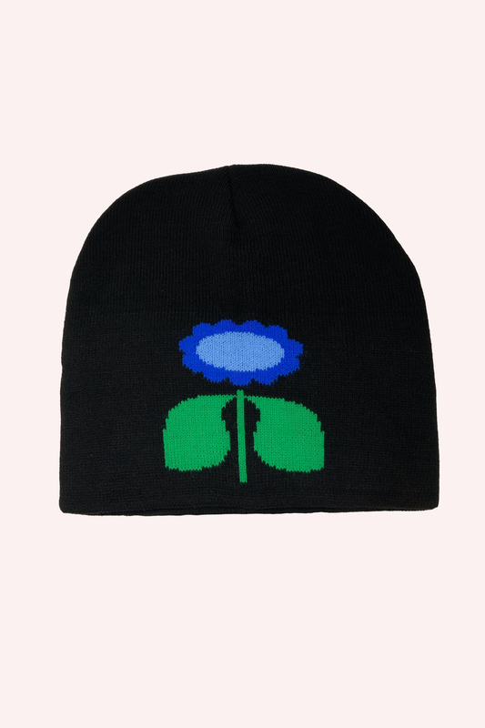  Daisy Beanie is a dark color hat, features a stylized sky blue and light blue daisy with a green stem