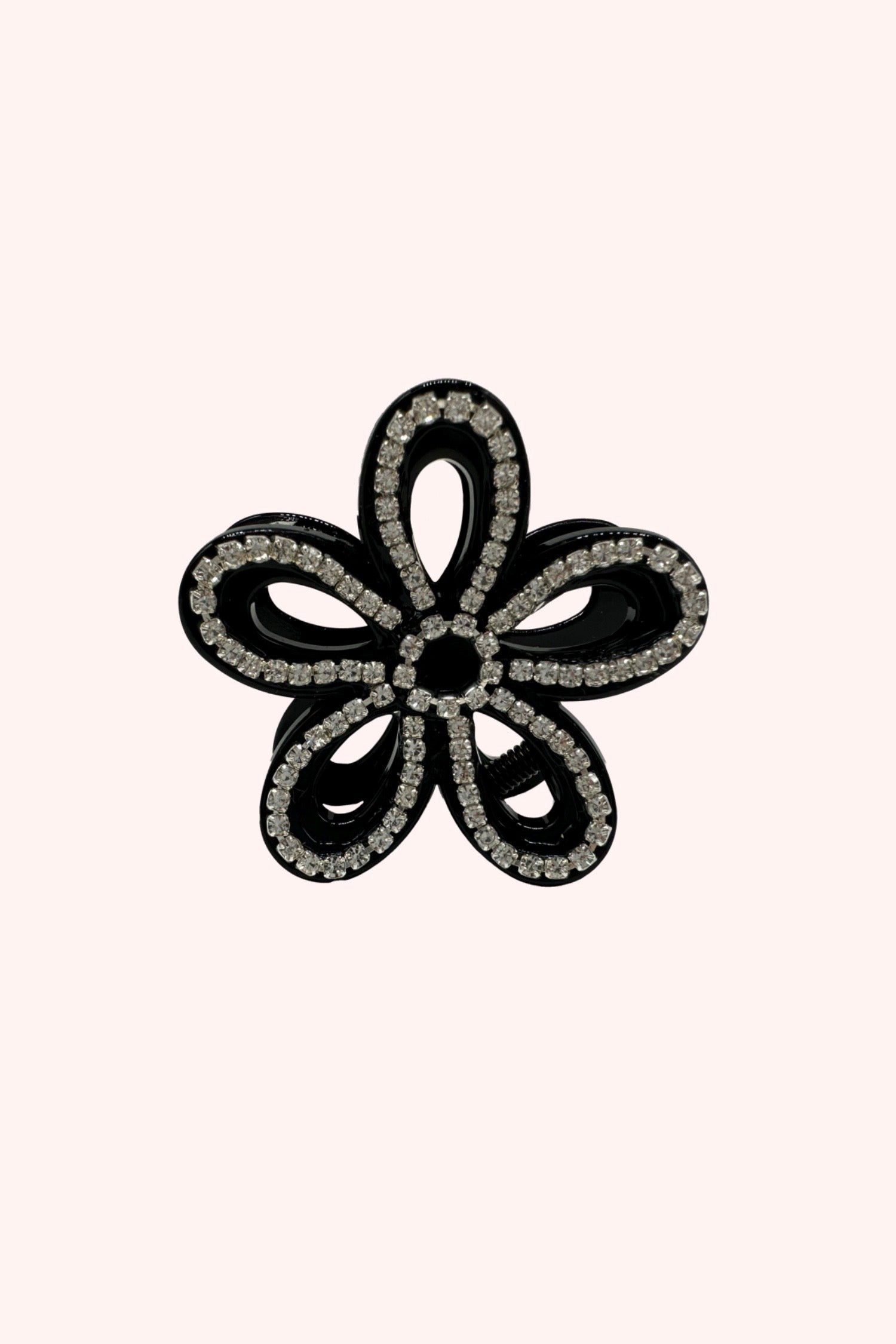 Flower Jaw Clip, 5-hollow petal flower, round center, rhinestone gemstone on the black on edge 