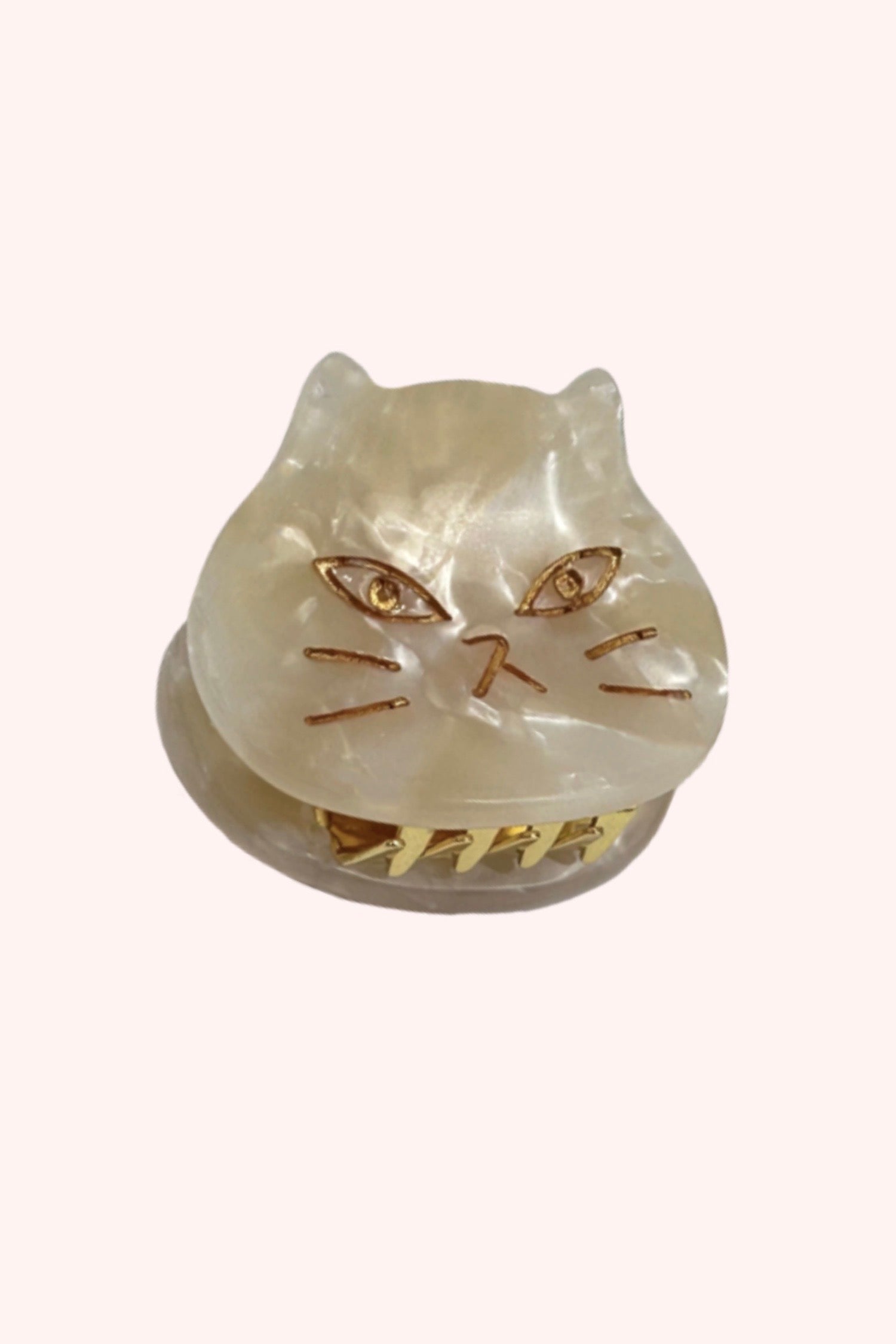 The Cat's Meow Jaw Clip Pair, ivory, cat eyes, mouth, nose, whiskers are with golden highlight