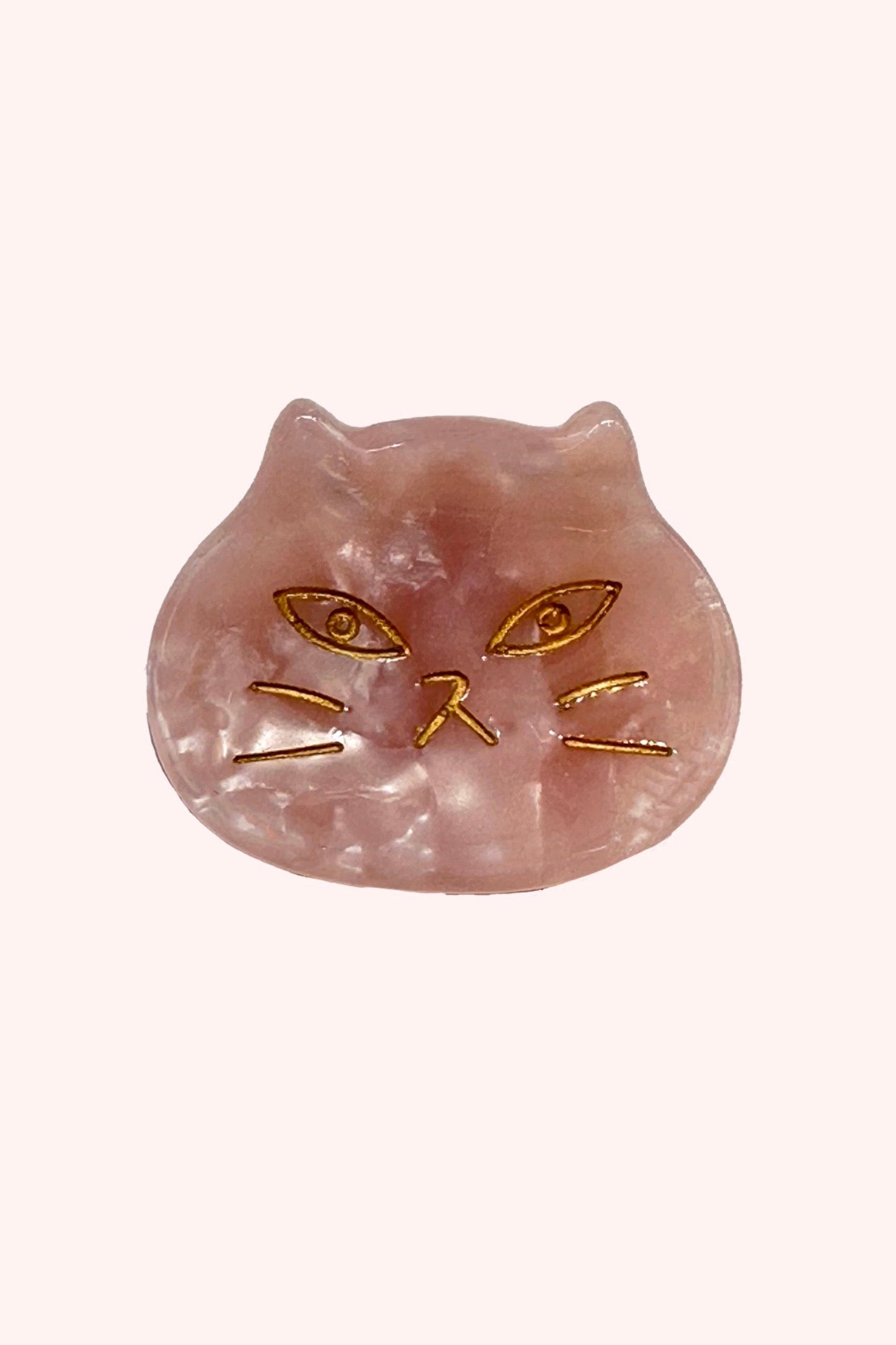 The Cat's Meow Jaw Clip Pair, pink, cat eyes, mouth, nose, whiskers are with golden highlight