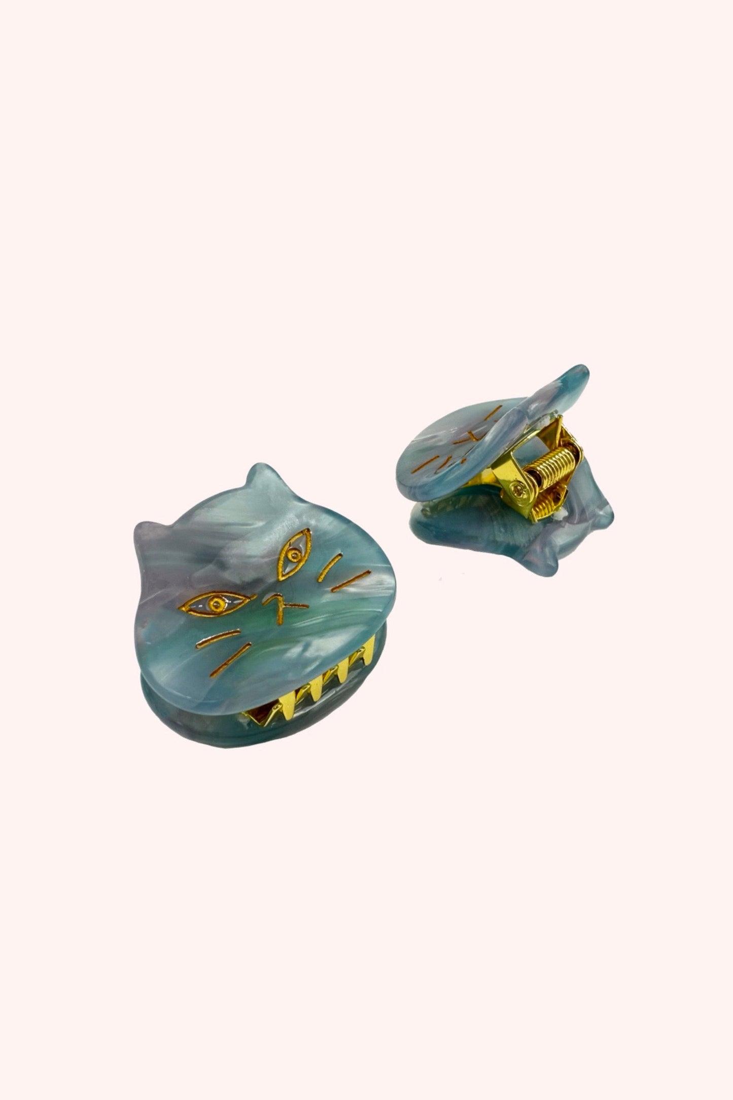 Cat's Meow Jaw Clip Pair, Sky Blue, cat head on a golden jaw clip to add some fun to your hairstyle