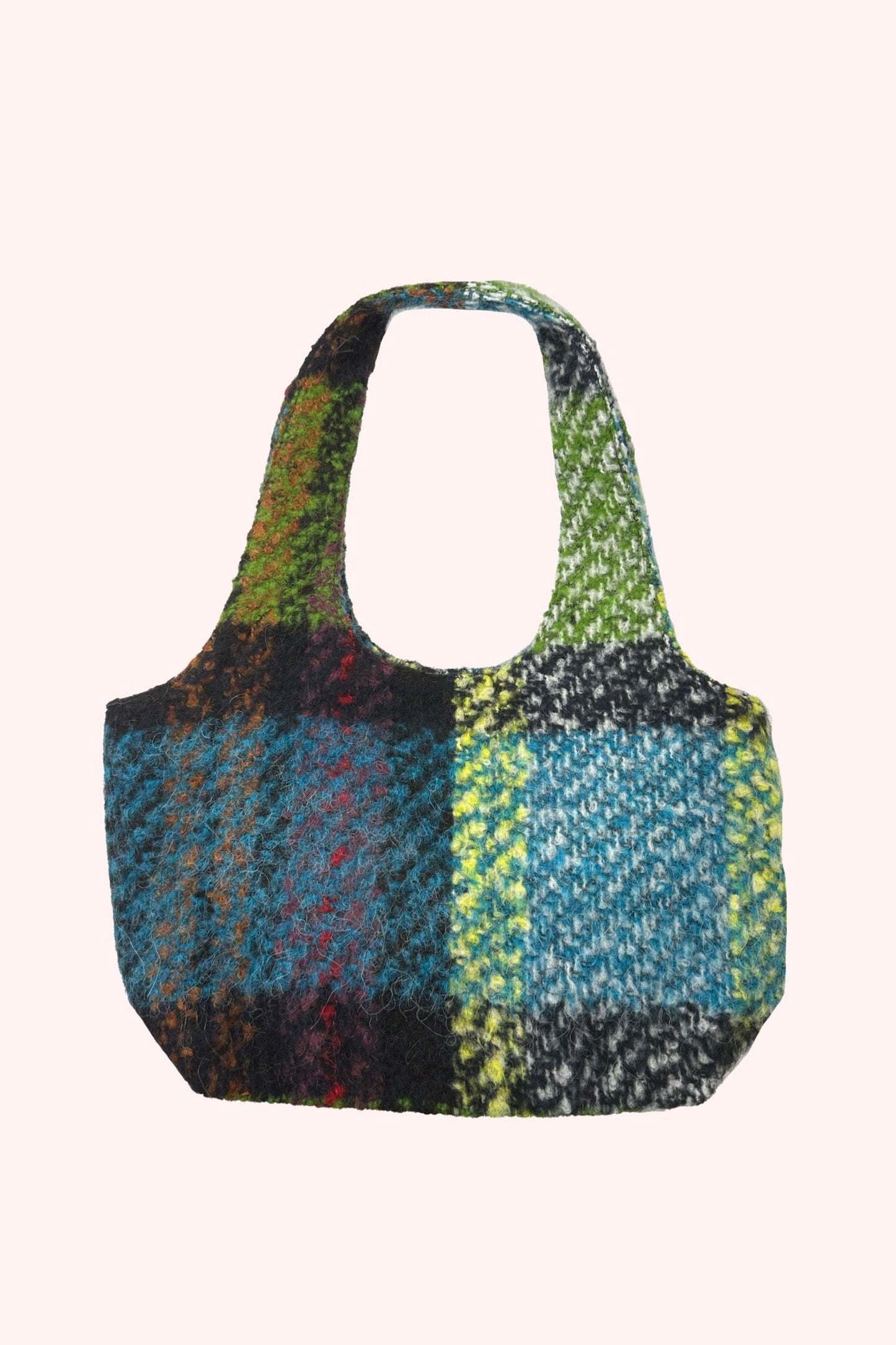 Mini Bag Fern, trapezoidal-shaped, handle incorporated to the bag body, plaid from green to blue