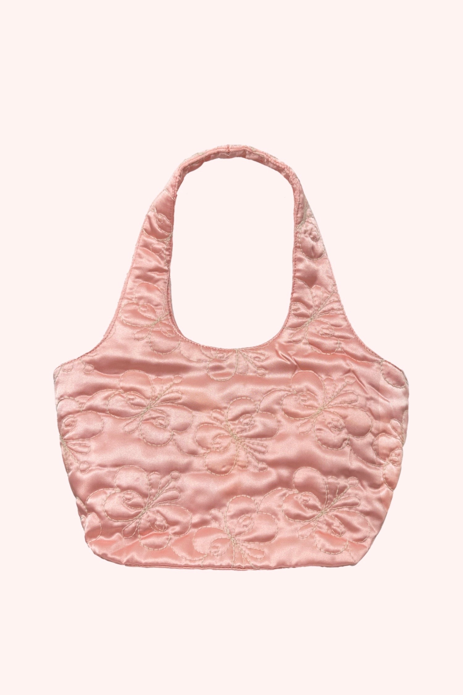 Pink Mini Bag, trapezoidal-shaped, Butterfly embroidery, handles incorporated to bag body