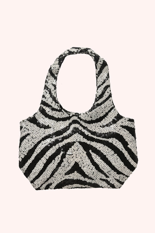 Zebra Sequin Mini Bag, black and white sequin in zebra like design, rectangle shape, handle