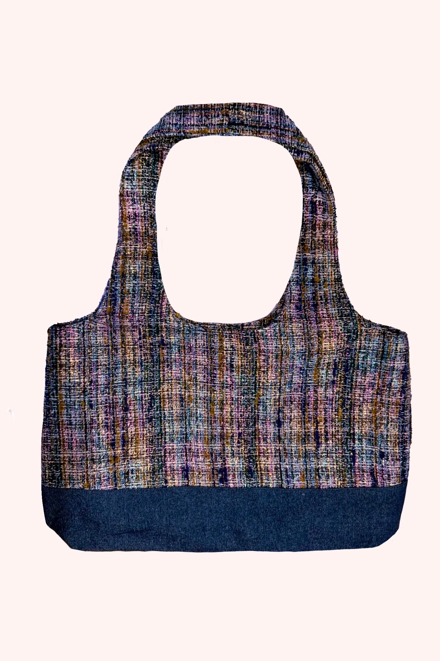 Lurex Tweed & Denim Tote Bag, purplish on top, denim blue at bottom, round handles, rectangle
