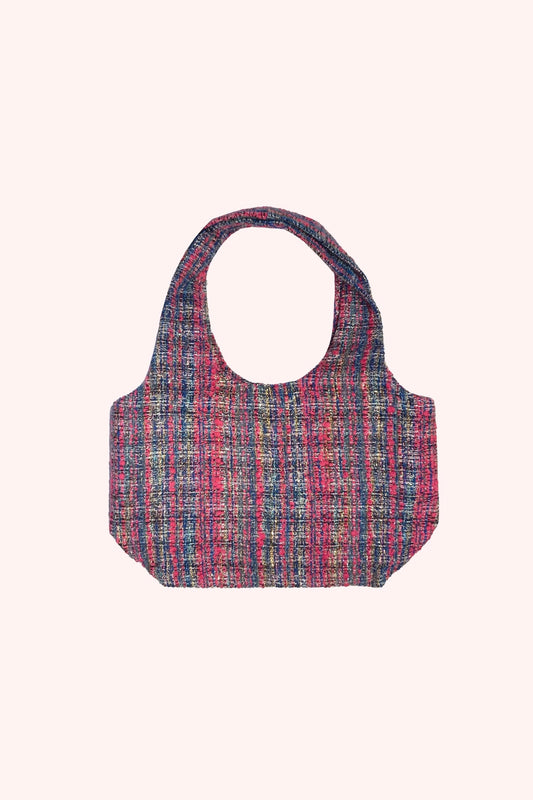 Lurex Tweed & Denim Tote mini-Bag, purplish denim, round handles, rectangle shape