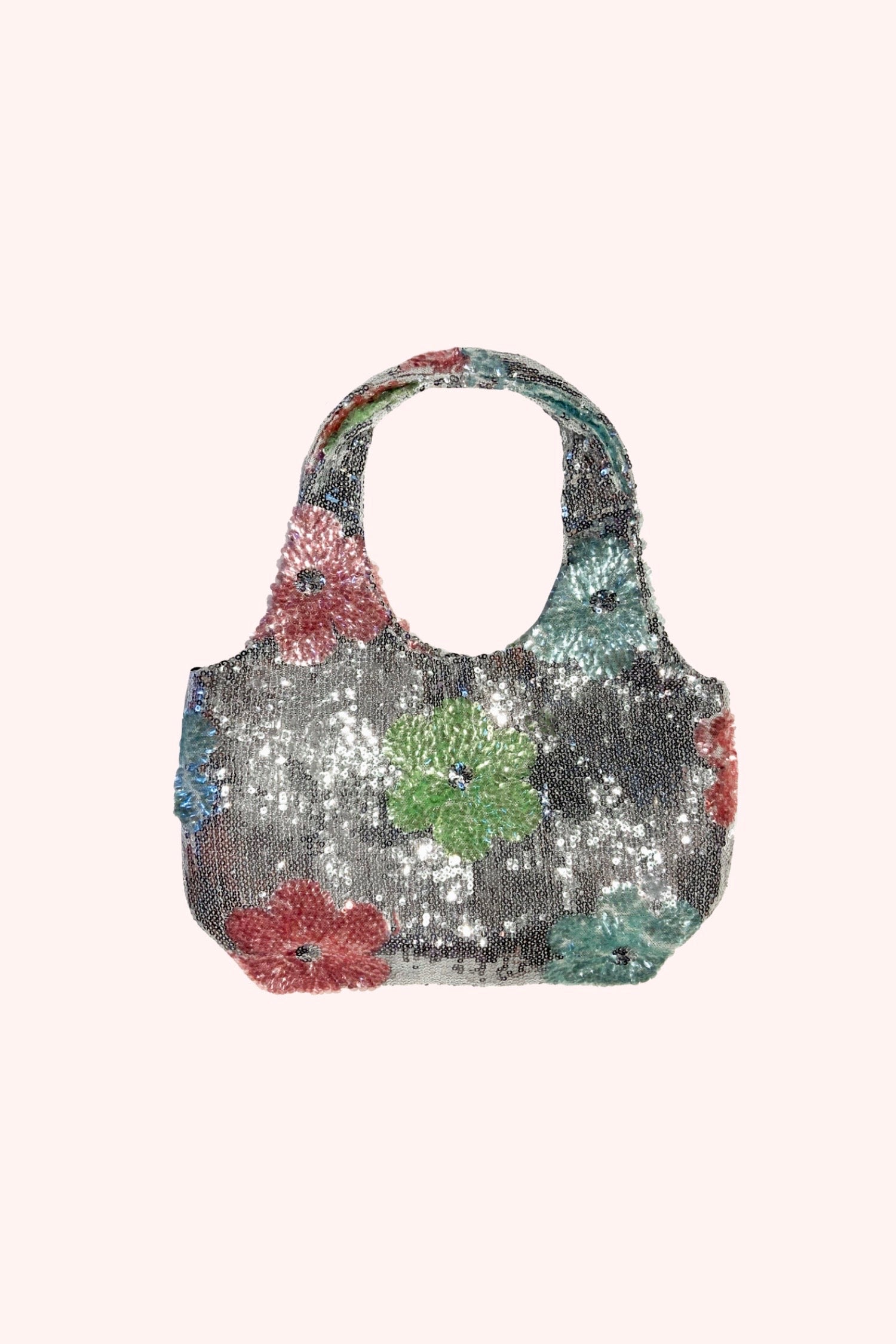Pastel Posies Sequin Mini Bag, grey with floral design, blue, red, and green, rectangle shape