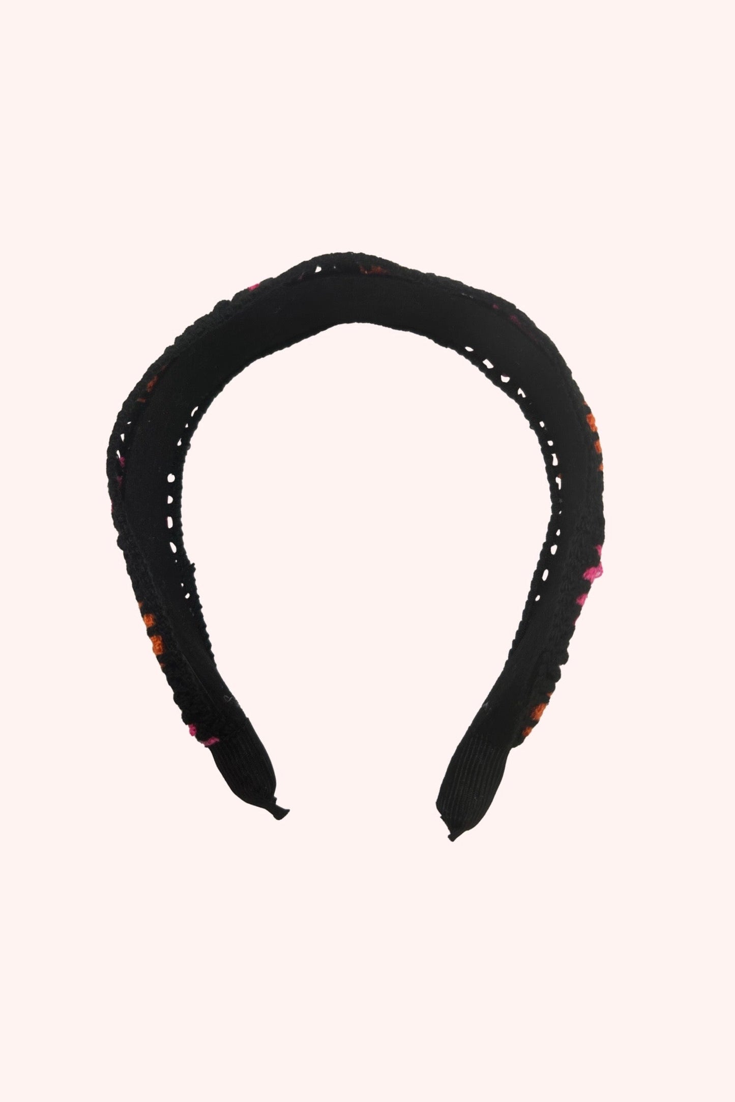 Floral Crochet Play Headband Pink Multi on black, omega shape