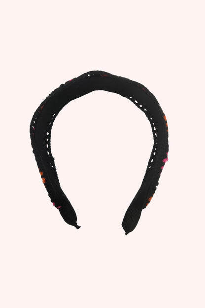 Floral Crochet Play Headband Pink Multi on black, omega shape