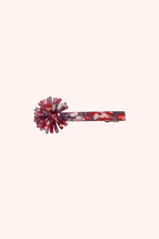 Pom Pom Clip Red, Barrette and pompom are red and grey, pompom is on a side