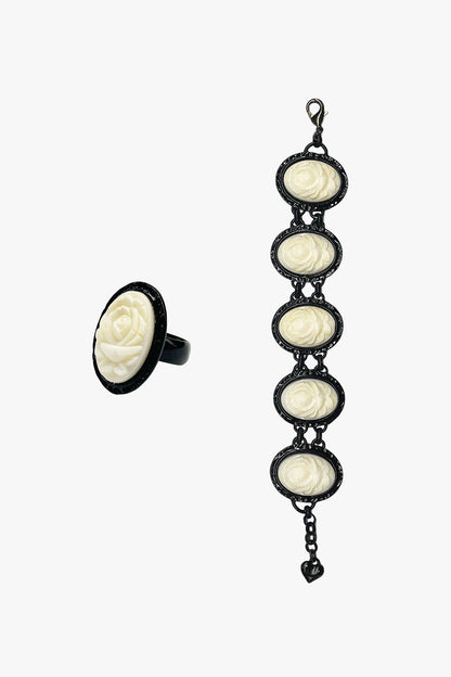 Carved Rose Bracelet & Ring Set – Ivory