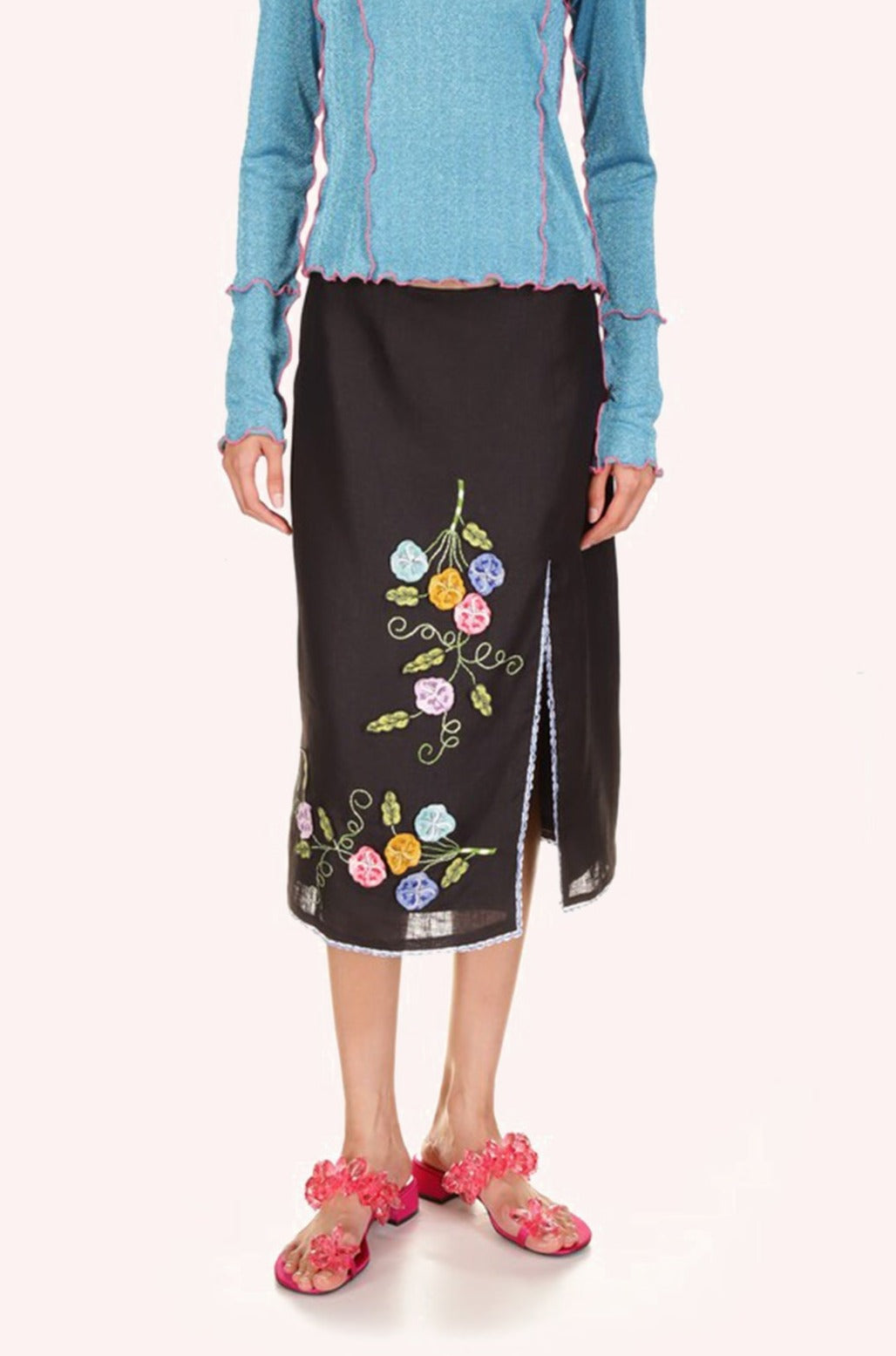 3-D Pansy Embroidered on Linen Skirt, black with blue hems, under knees, bouquets design on front.