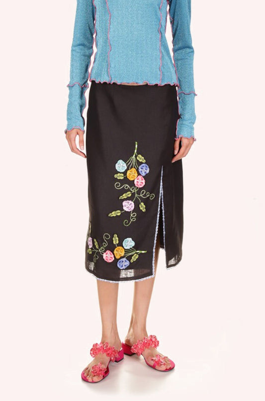 3-D Pansy Embroidered on Linen Skirt, black with blue hems, under knees, bouquets design on front.