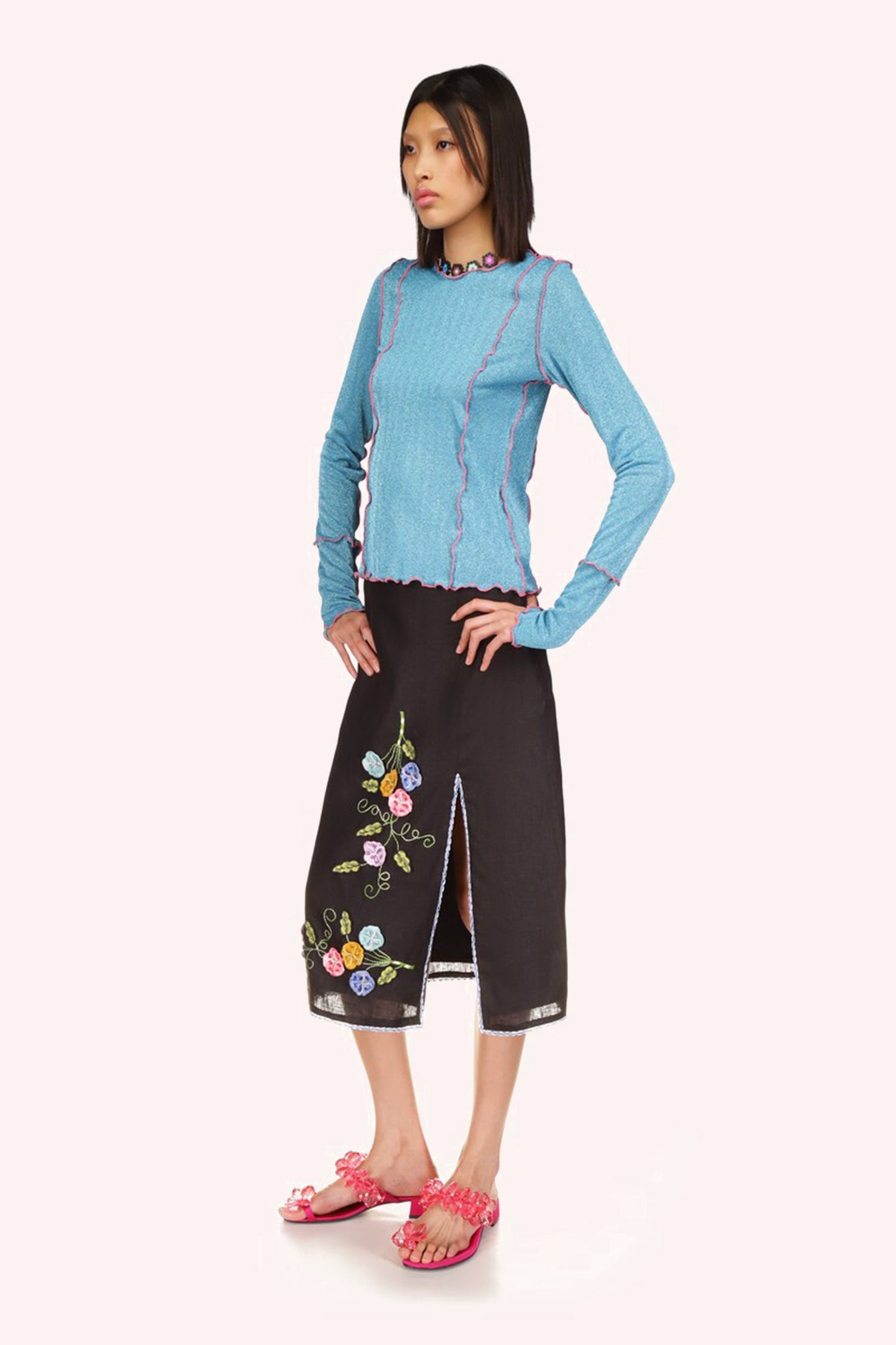 3-D Pansy Embroidered on Linen Skirt, can be wear with a tee, baby blue hem around left side slit
