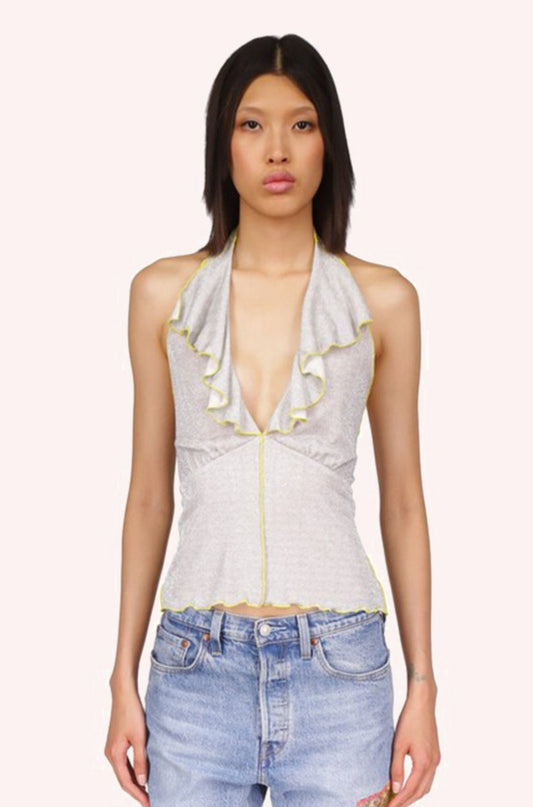 Lurex Knit Halter Top Silver, Top without sleeves, V-neck with ruffles, the bottom is at the hips