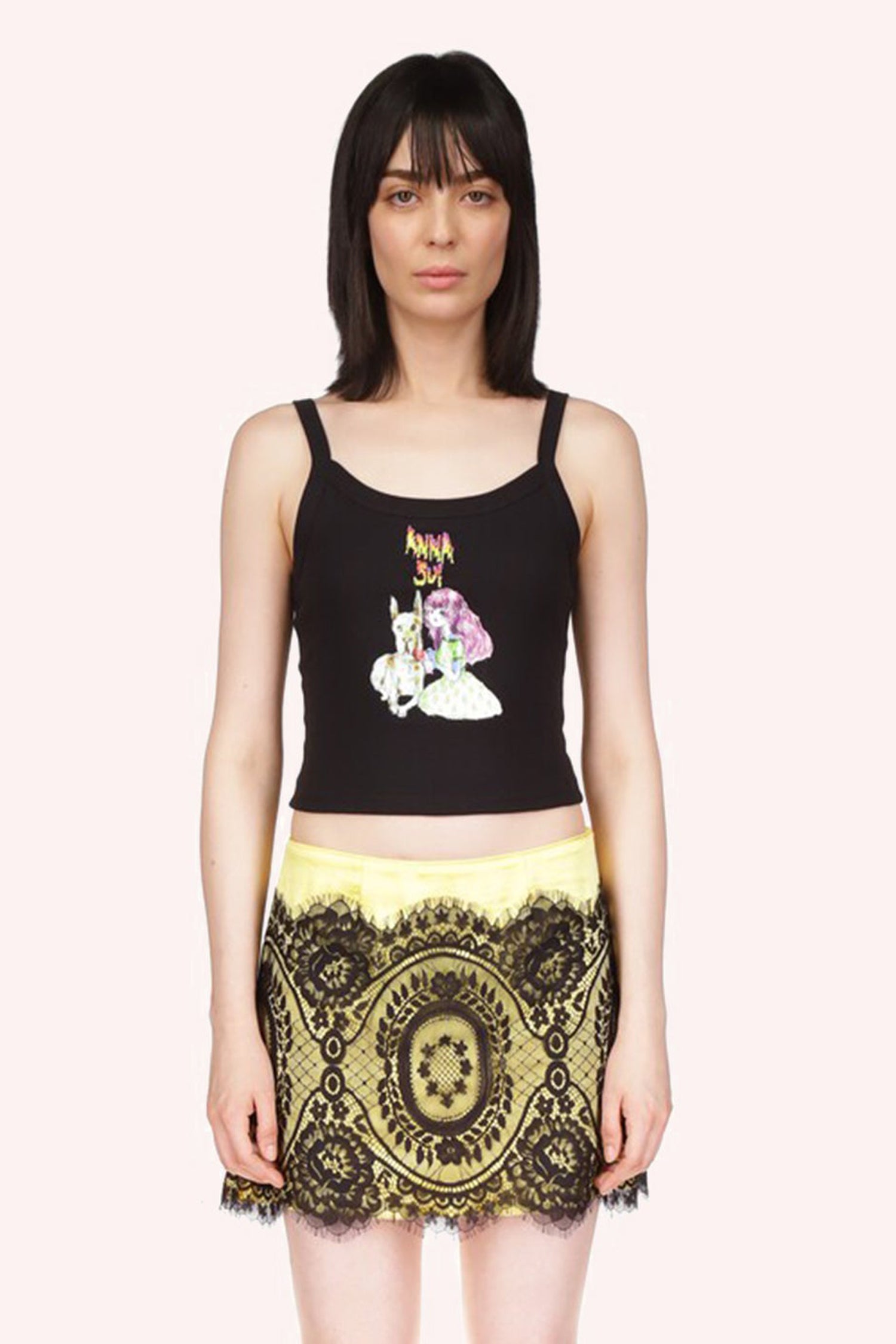 Micro Ribbed Scoop Tank Black, sleeveless,2 black straps, Anna Sui logo above a little girl with a white dog