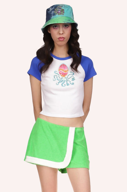 Octopus Raglan Baby Tee Blue, octopus’ body is Anna Sui logo, tee is white shoulders blue