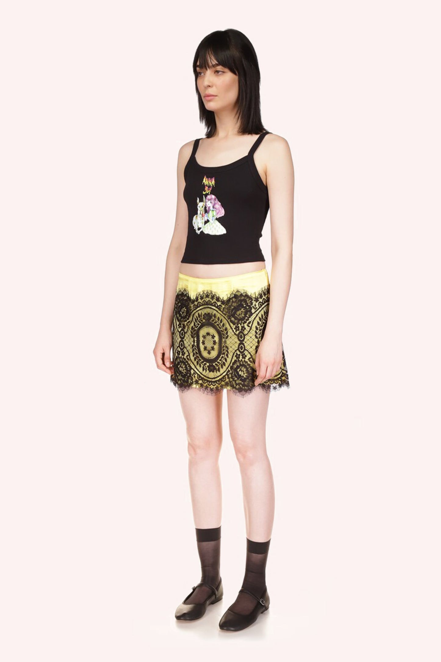 Micro Ribbed Scoop Tank Black, sleeveless, 2 black straps, just above the hips, Anna Sui print in front