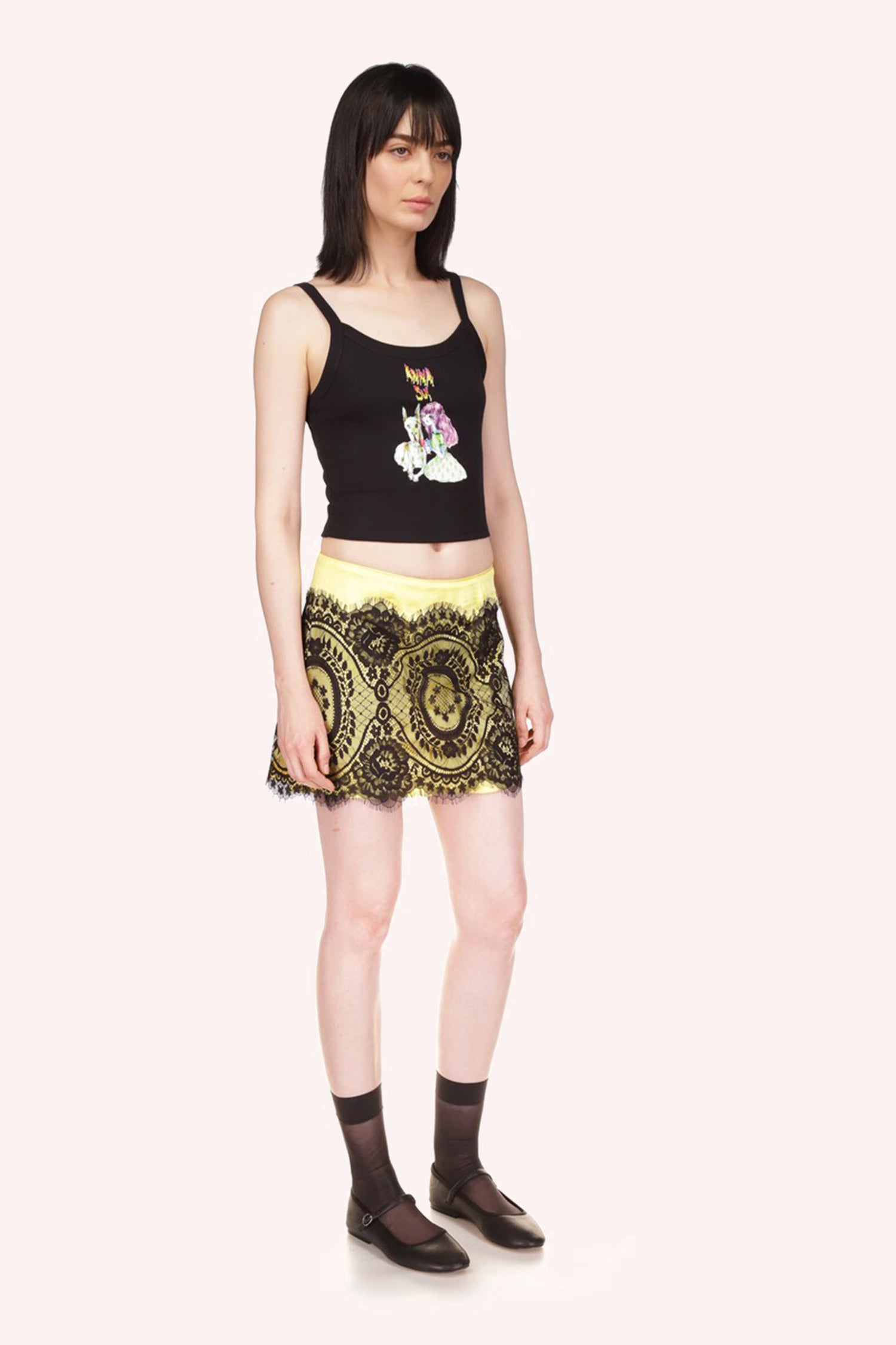 Micro Ribbed Scoop Tank Black, sleeveless, 2 black straps, Anna Sui logo above a little girl with a white dog.