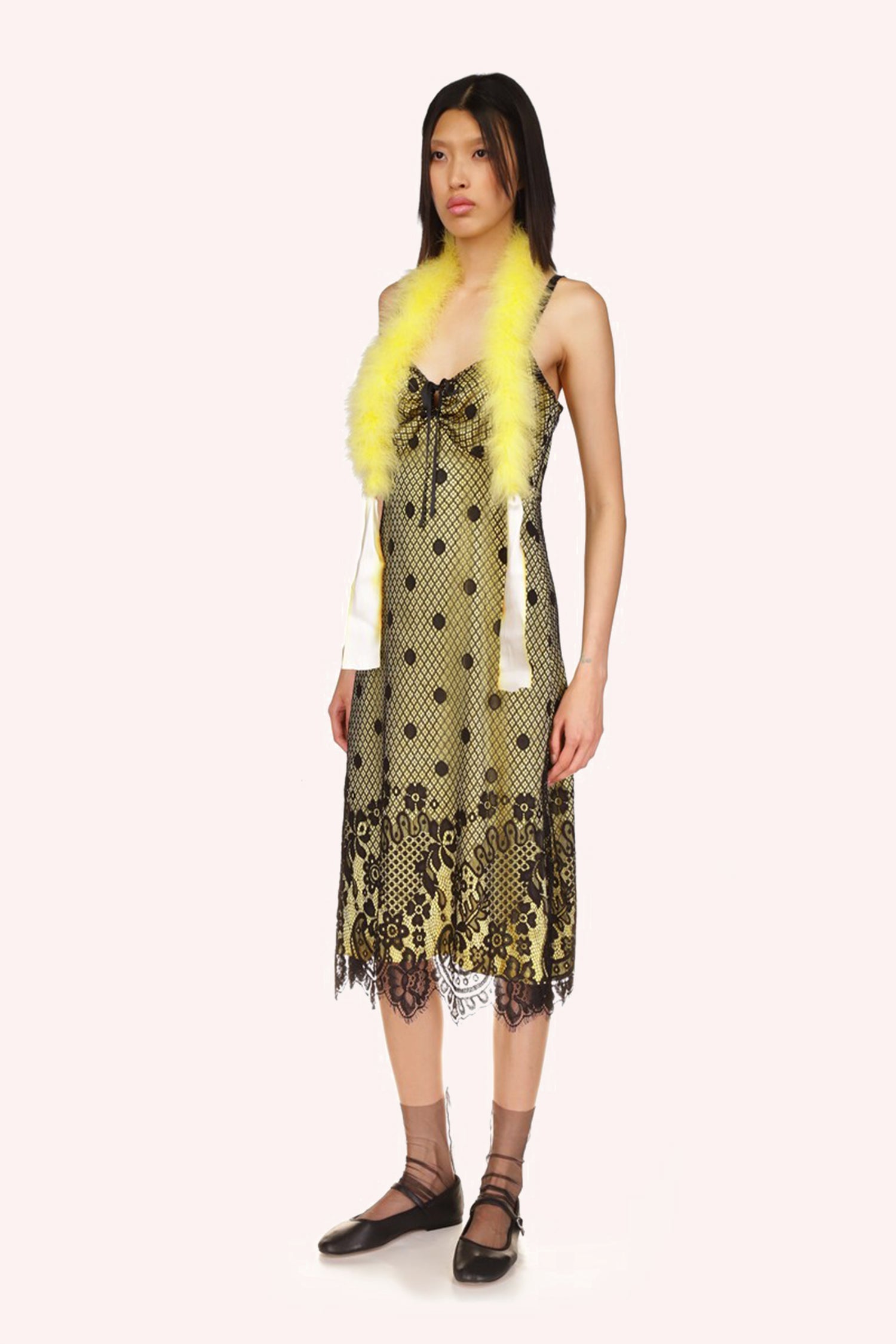 Washed Satin with Lace Dress Canary Yellow/Black, lace design is at the bottom, above black dots