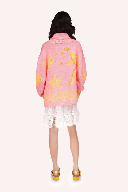 Hand Knit Cardigan, Powder Pink color with yellow fish, starfish, zigzag design at bottom