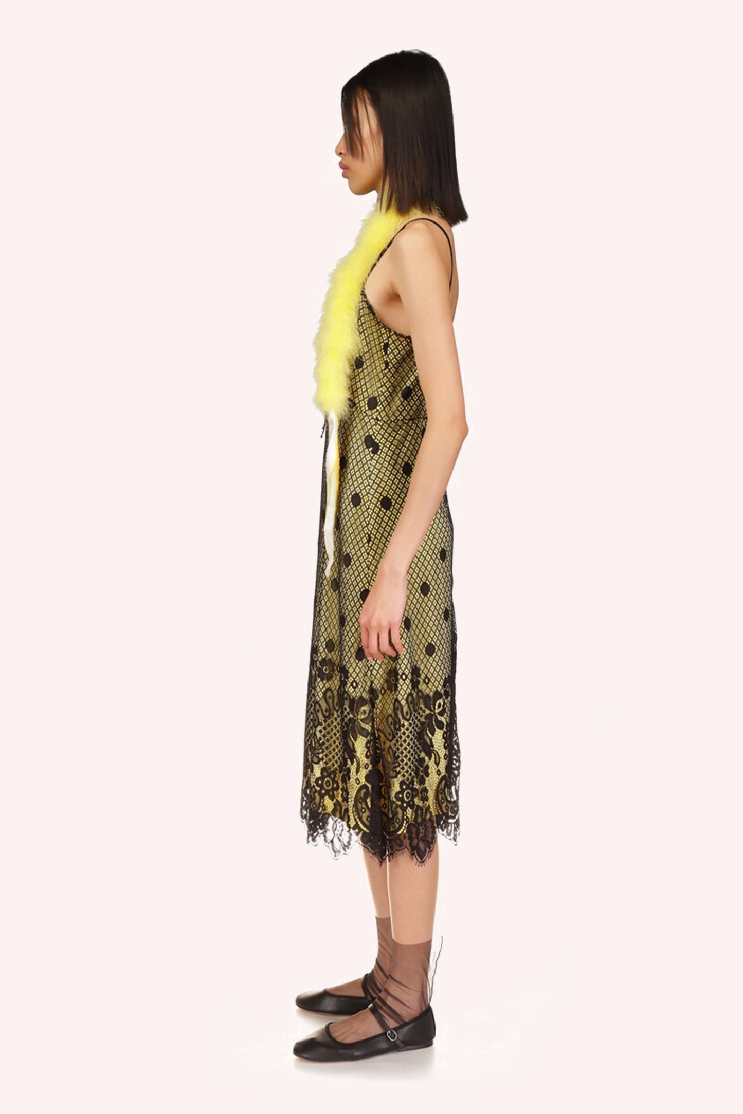 Washed Satin with Lace Dress Canary Yellow/Black, lace at bottom is in a curvy line, cut under arms