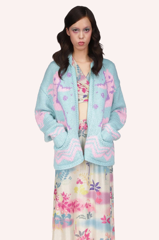 Seashore Hand Knit Cardigan, Powder Blue color with pink sea design, 2-pockets, long sleeves