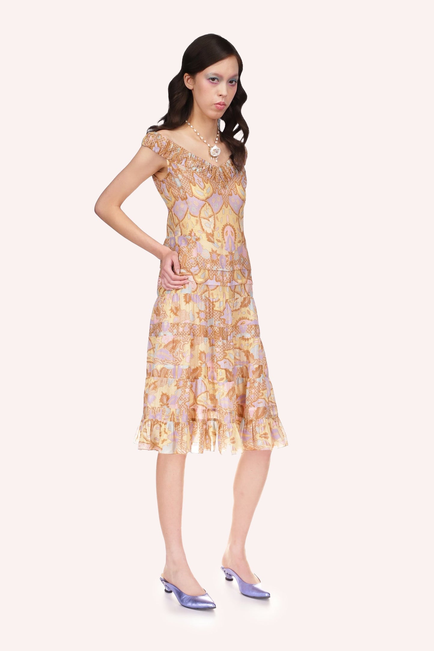 Batik Cotton Dress, sleeveless, under knee long, beige floral design