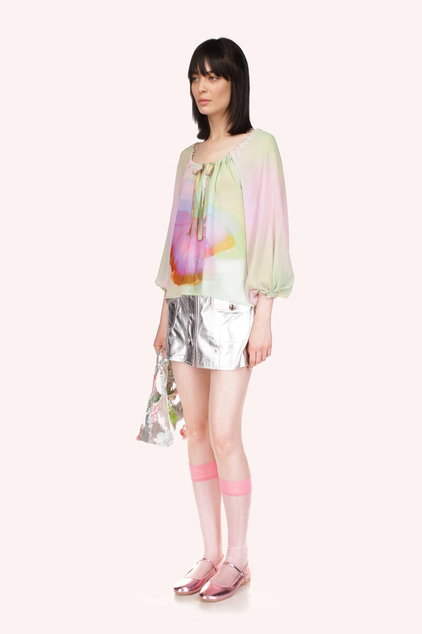 Impressionism Butterfly Blouse Rainbow long sleeves are puffy with an elastic to close